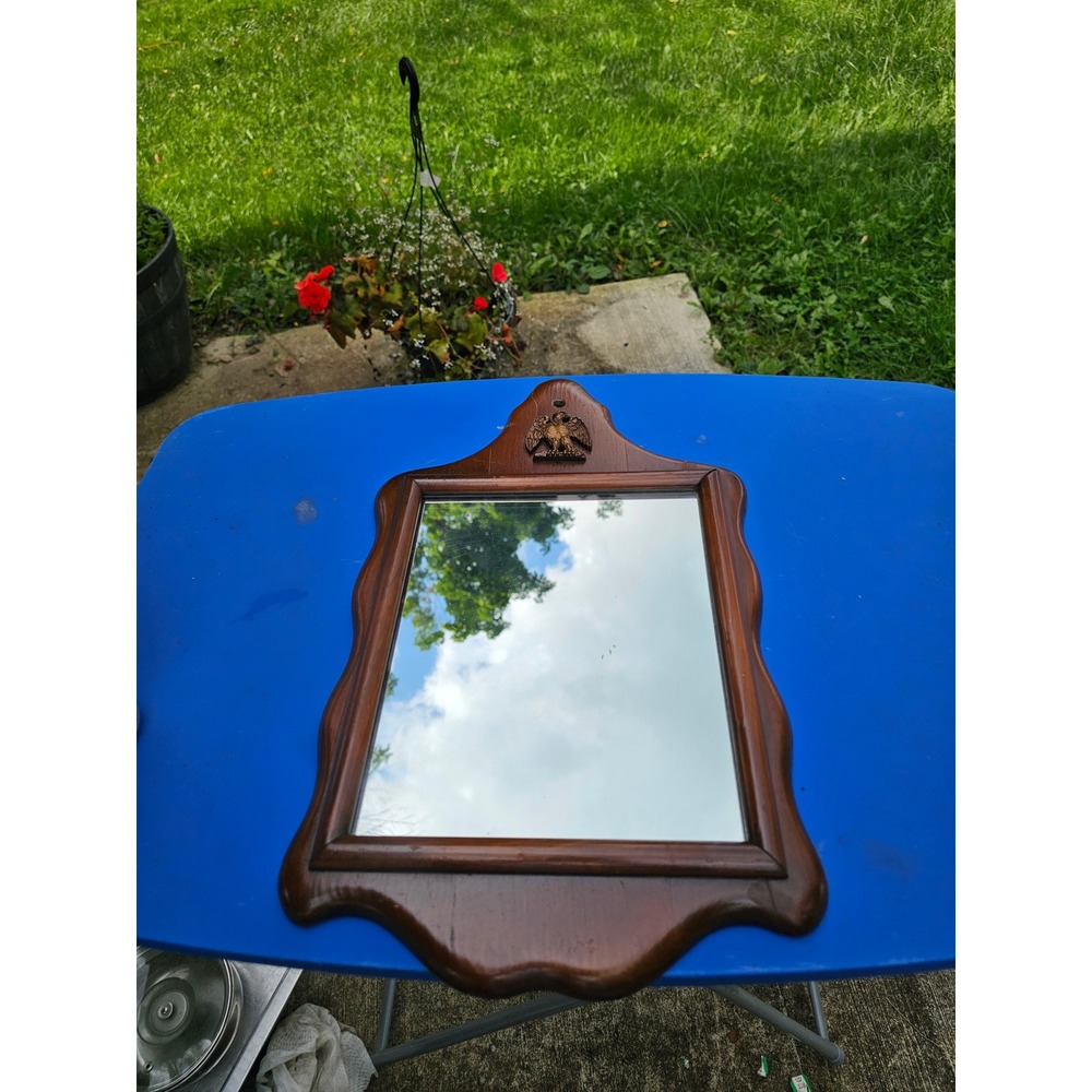Vintage Federal Style Wood Wall Mirror Gold Eagle Crest Scalloped Frame Brown